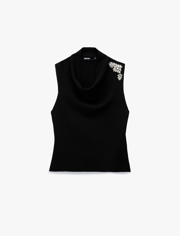  Kolsuz Degaje Dik Yaka Taşlı Triko Bluz