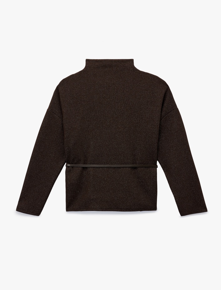  Koton X Şahika Ercümen - Slim Fit Uzun Kollu Işıltılı Dik Yaka Kemerli Kazak