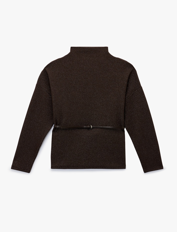  Koton X Şahika Ercümen - Slim Fit Uzun Kollu Işıltılı Dik Yaka Kemerli Kazak