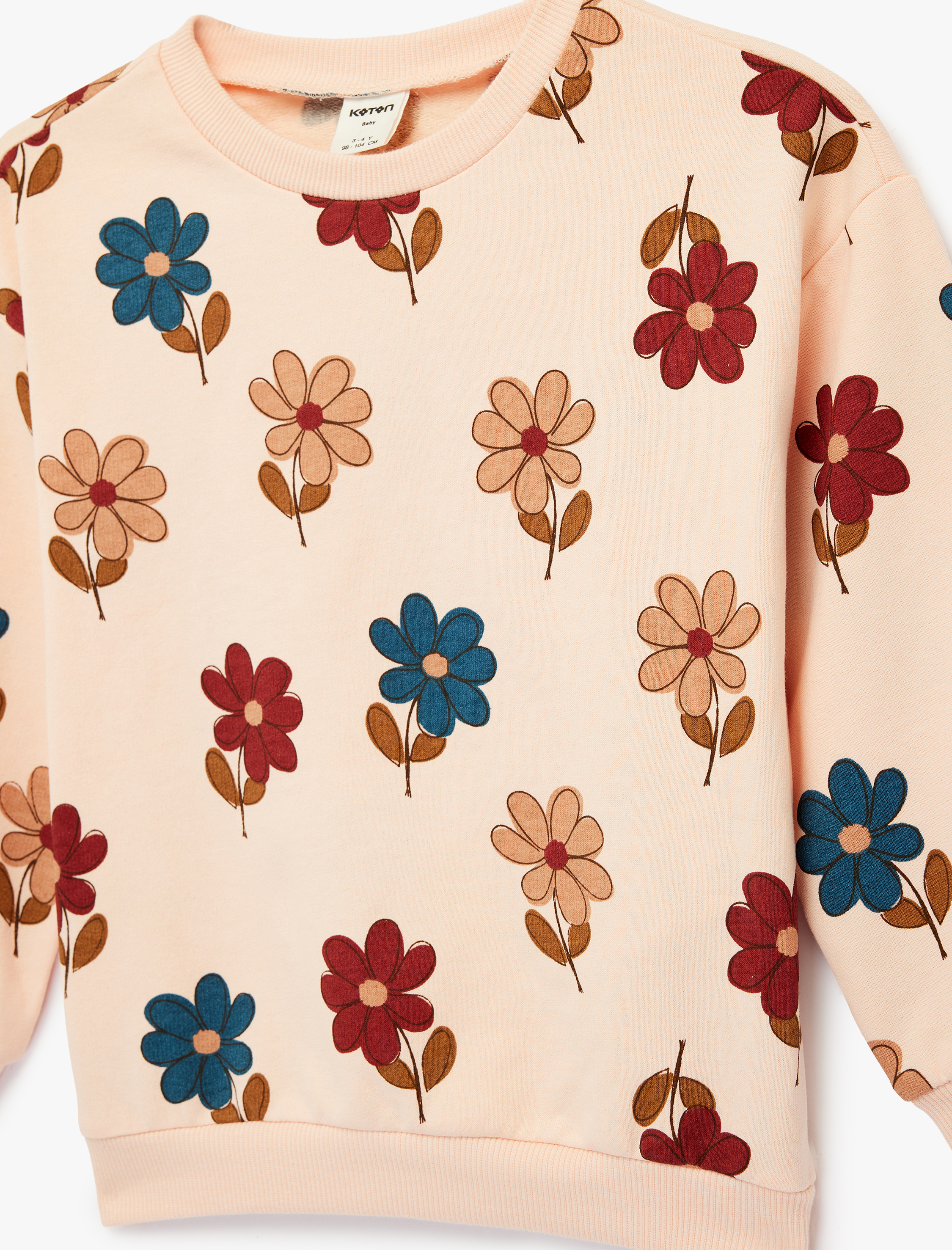  Kız Bebek Uzun Kollu Bisiklet Yaka Pamuklu Çiçekli Sweatshirt