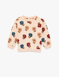 Uzun Kollu Bisiklet Yaka Pamuklu Çiçekli Sweatshirt