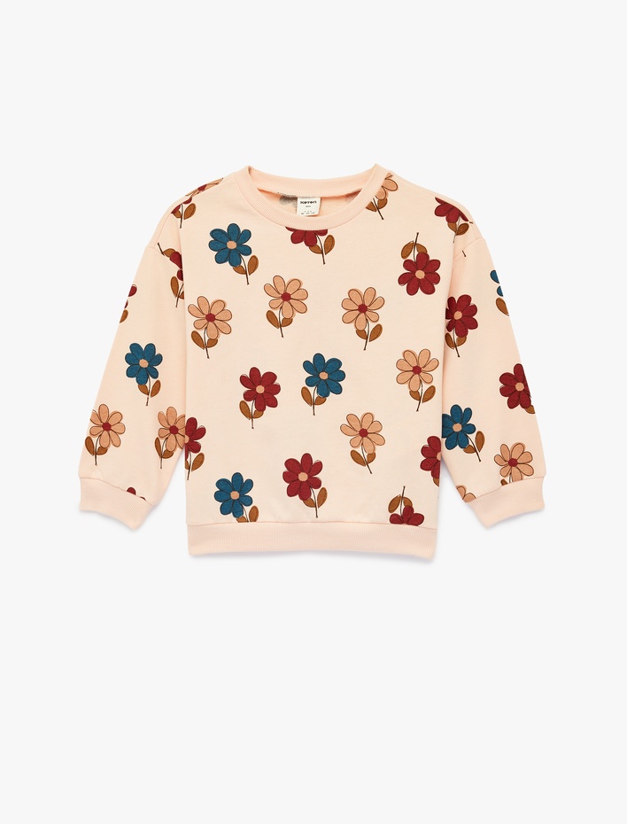 Kız Bebek Uzun Kollu Bisiklet Yaka Pamuklu Çiçekli Sweatshirt