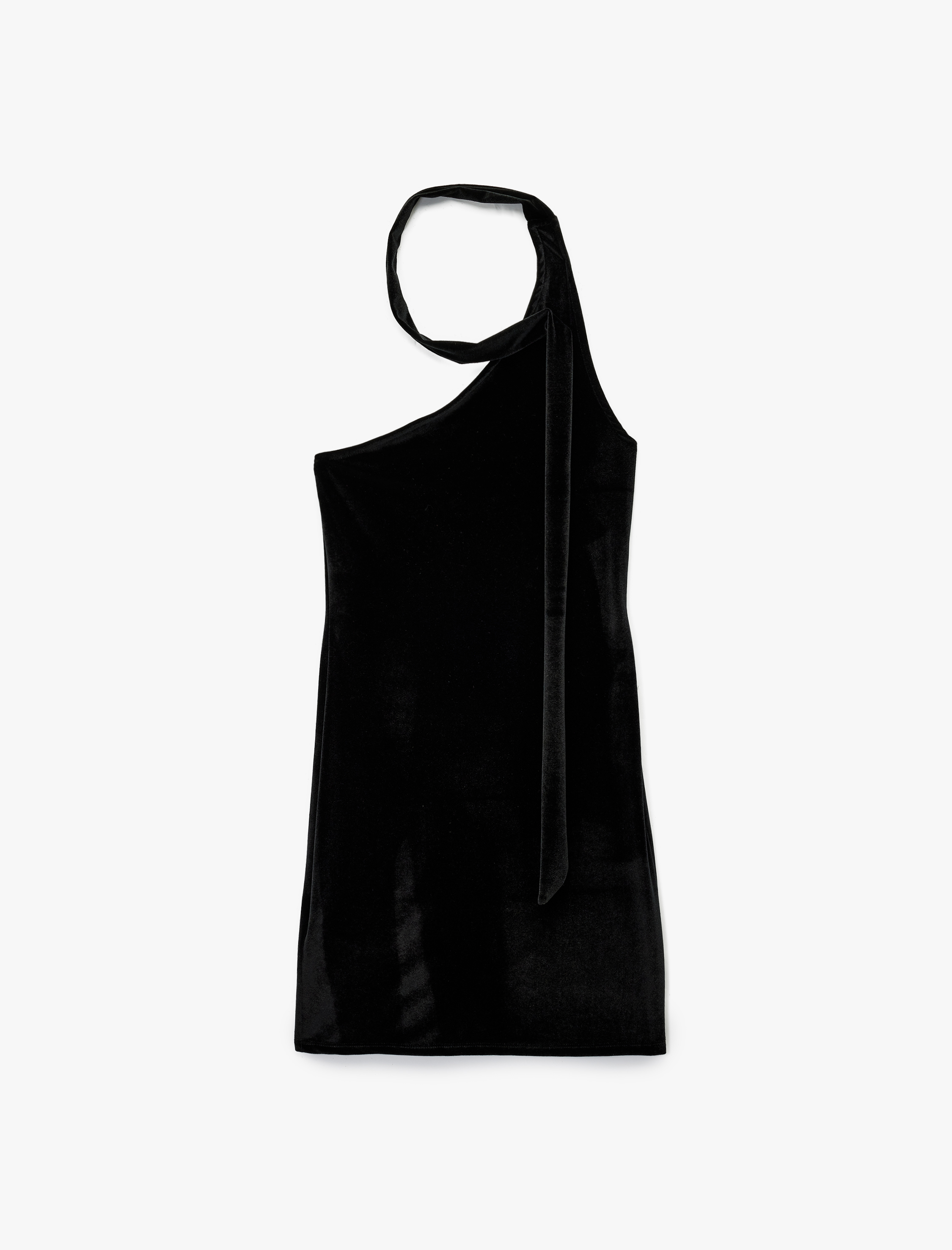   Kolsuz Asimetrik Yaka Boyundan Bağlamalı Kadife Mini Elbise