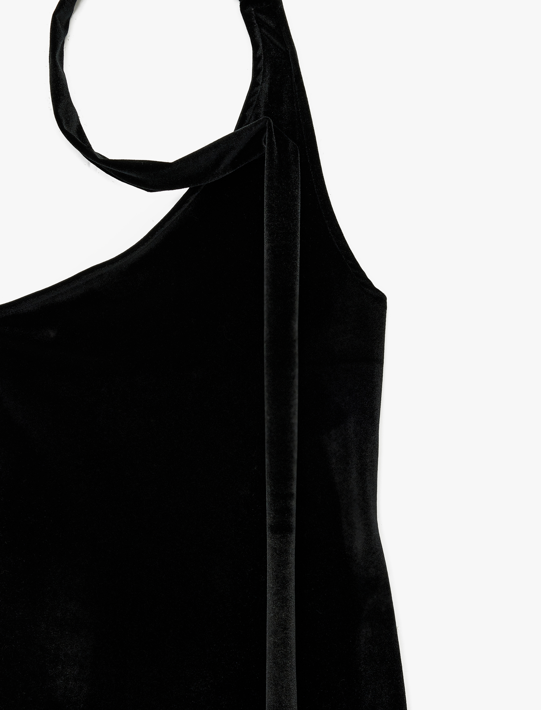   Kolsuz Asimetrik Yaka Boyundan Bağlamalı Kadife Mini Elbise