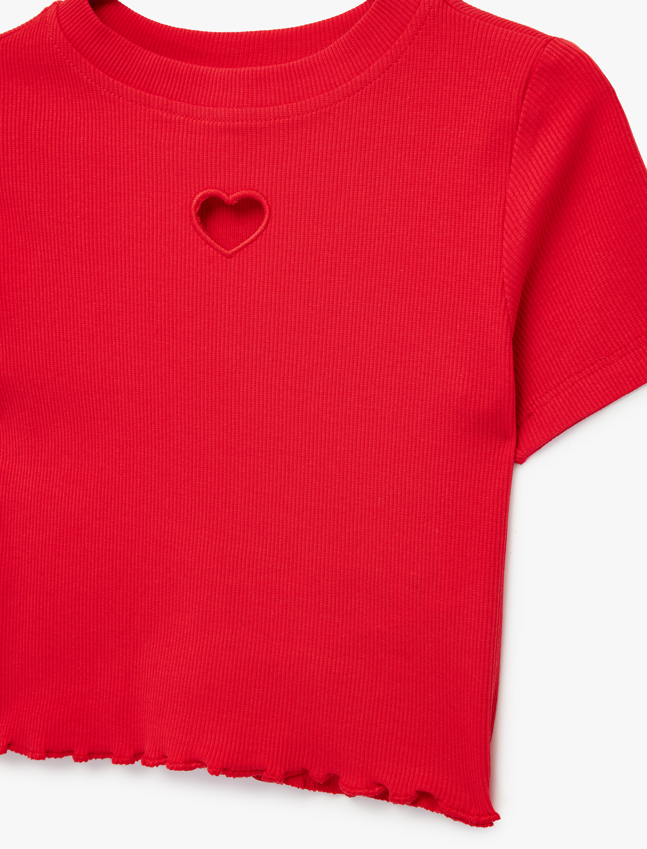  Kız Çocuk Pamuklu Kısa Kollu Kalp Pencere Detaylı Crop Tişört