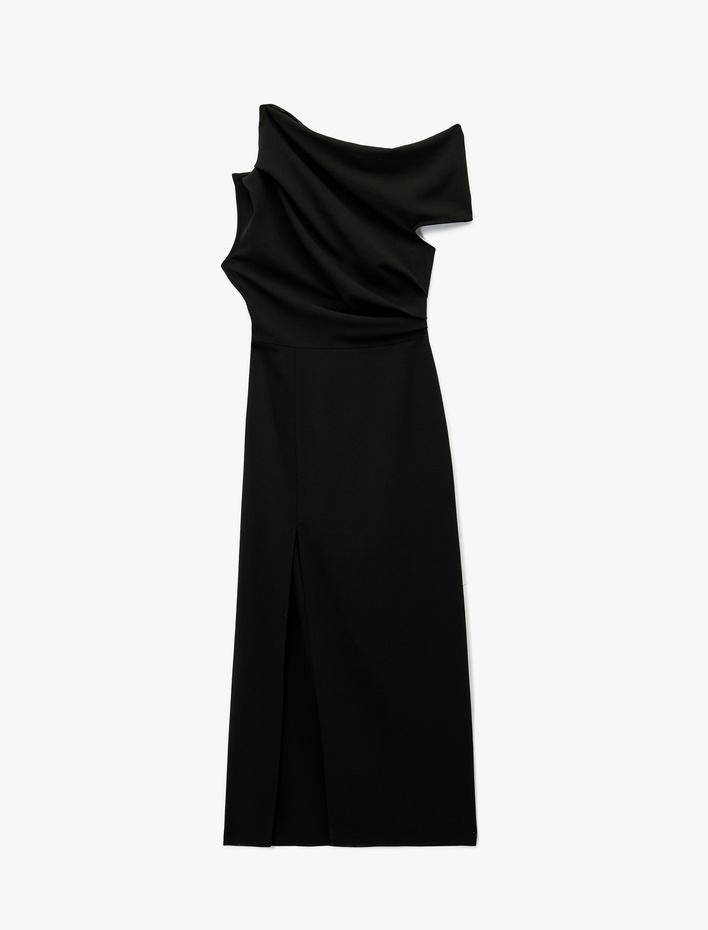  Tek Omuz Kolsuz Yırtmaç Detaylı Drapeli Midi Elbise