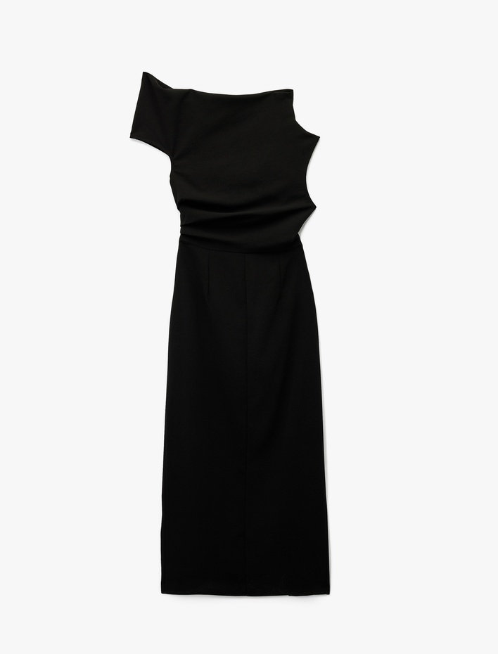  Tek Omuz Kolsuz Yırtmaç Detaylı Drapeli Midi Elbise