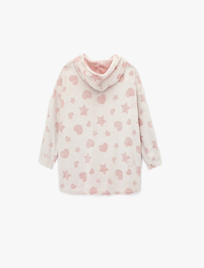  Kapüşonlu Uzun Kollu Cepli Oversize Peluş Sabahlık