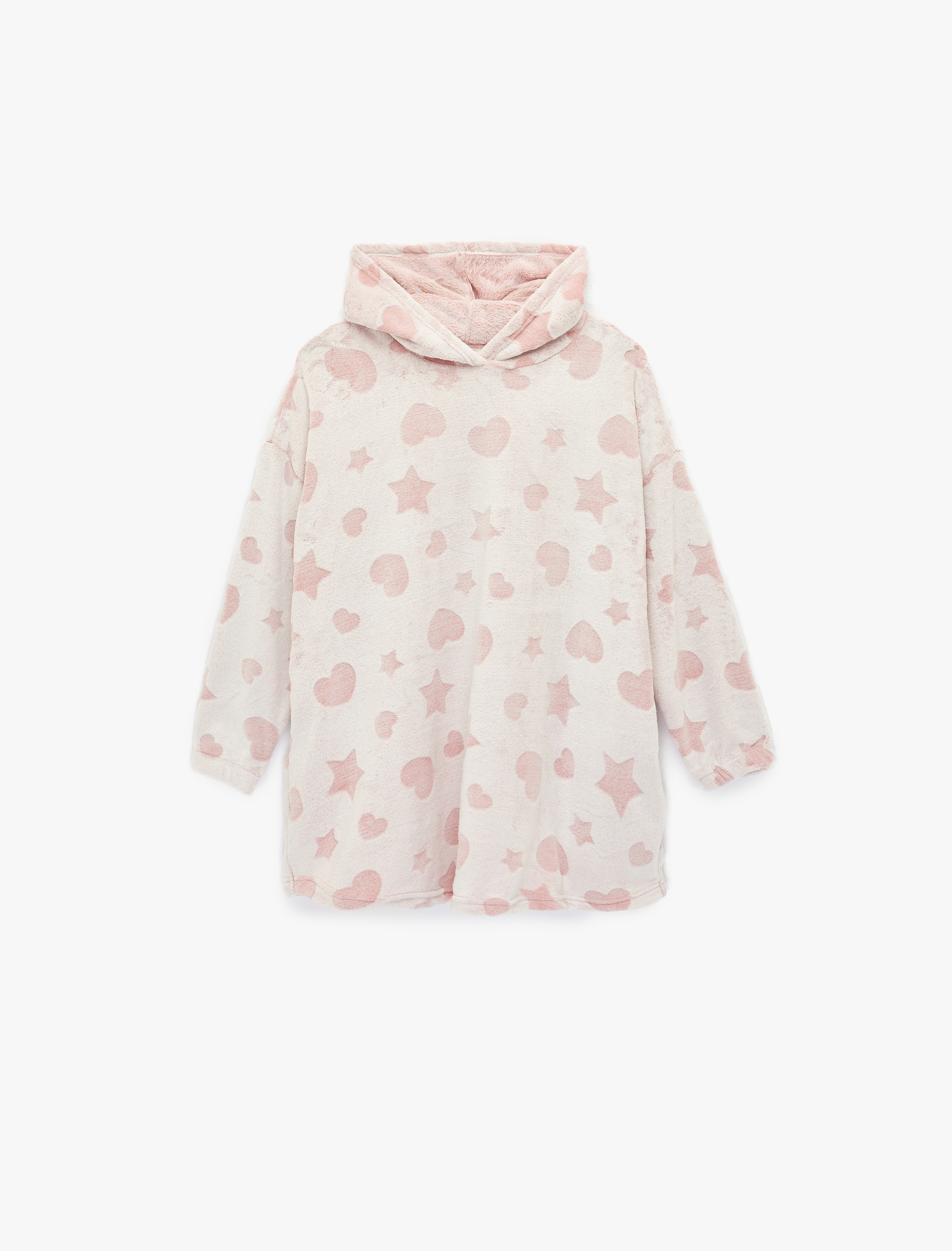   Kapüşonlu Uzun Kollu Cepli Oversize Peluş Sabahlık