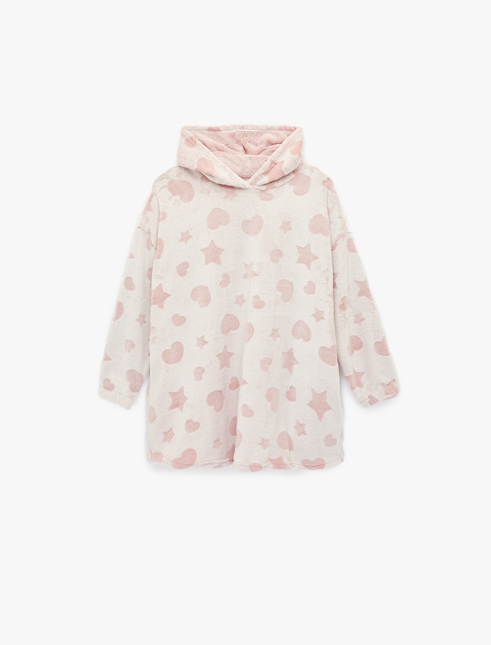  Kapüşonlu Uzun Kollu Cepli Oversize Peluş Sabahlık