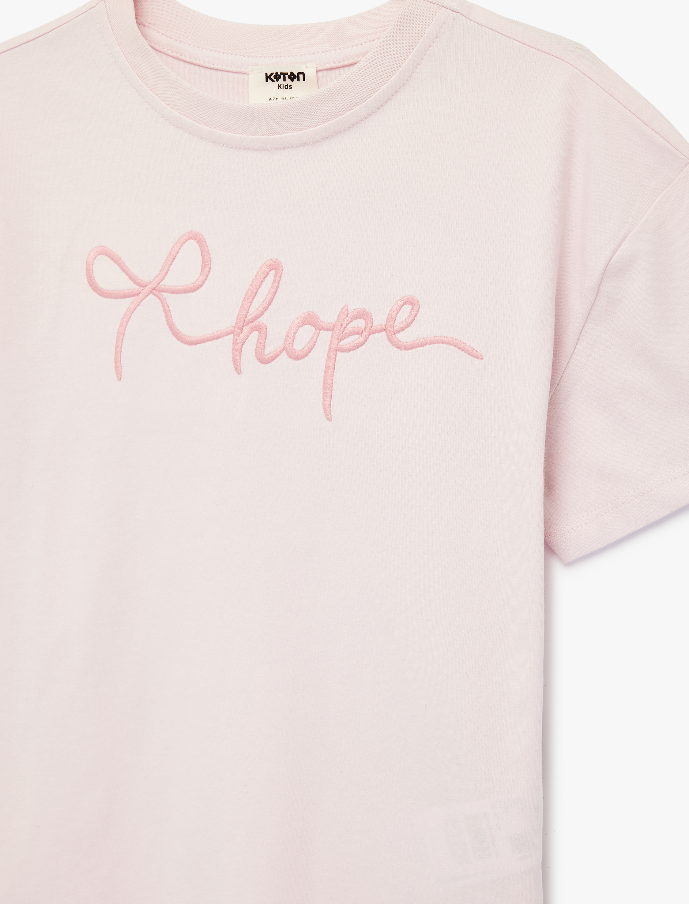  Kız Çocuk Kurdele Nakışlı Kısa Kollu Bisiklet Yaka Pamuklu Tişört