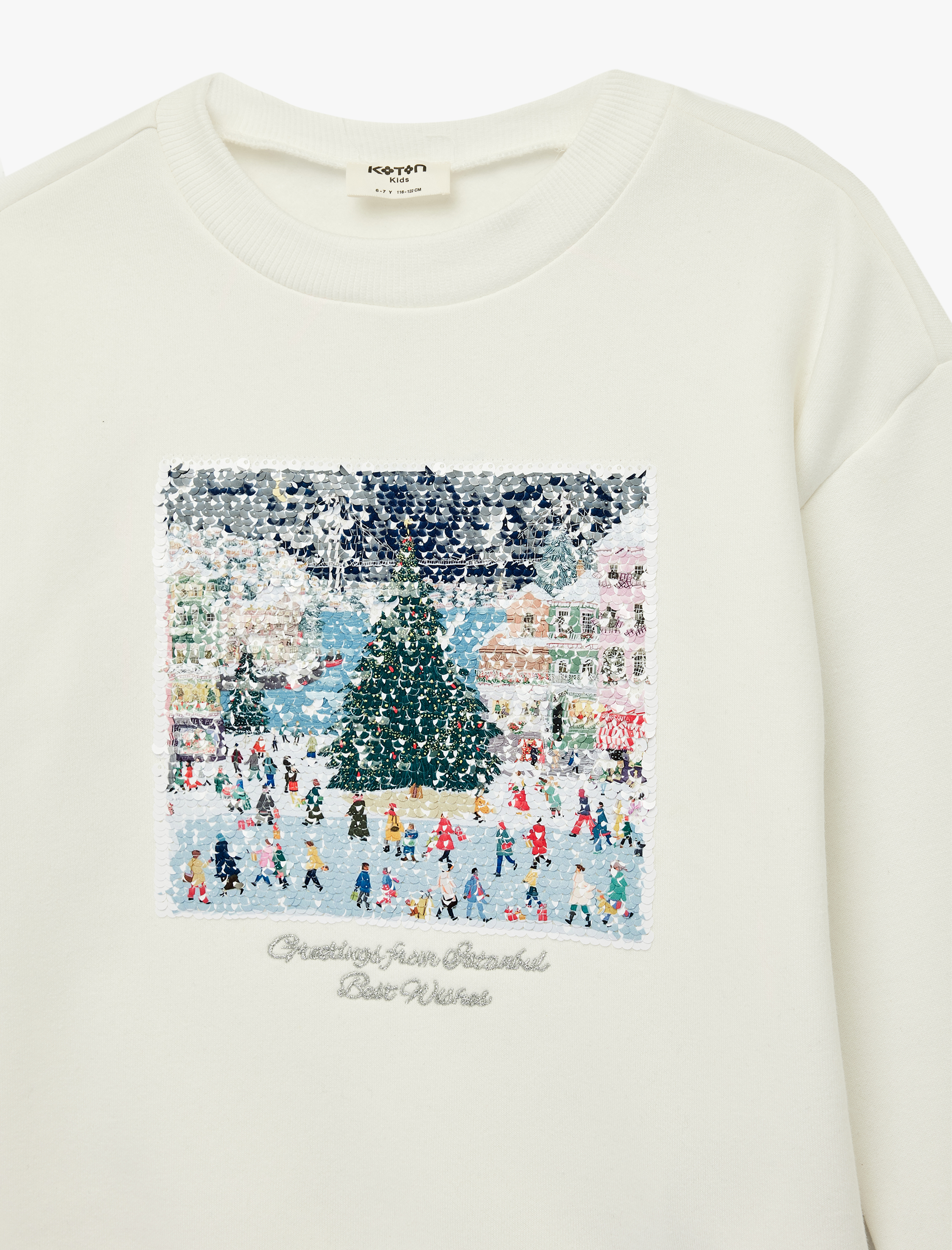  Kız Çocuk Uzun Kollu Bisiklet Yaka Pullu Payetli Yılbaşı Temalı Sweatshirt