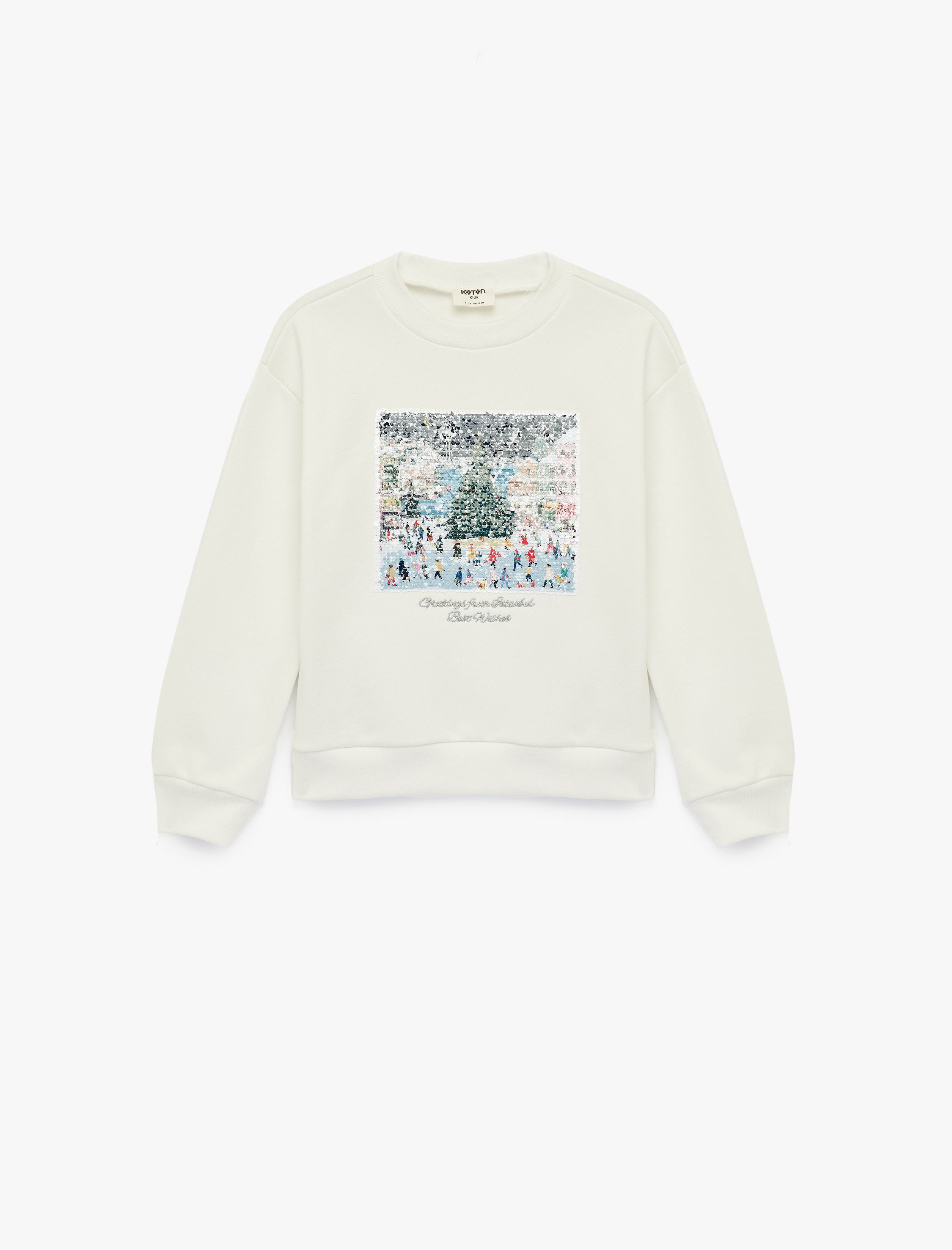  Kız Çocuk Uzun Kollu Bisiklet Yaka Pullu Payetli Yılbaşı Temalı Sweatshirt