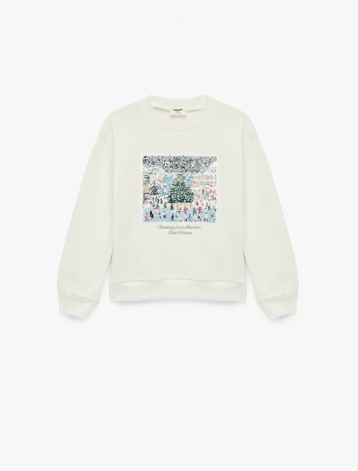 Kız Çocuk Uzun Kollu Bisiklet Yaka Pullu Payetli Yılbaşı Temalı Sweatshirt