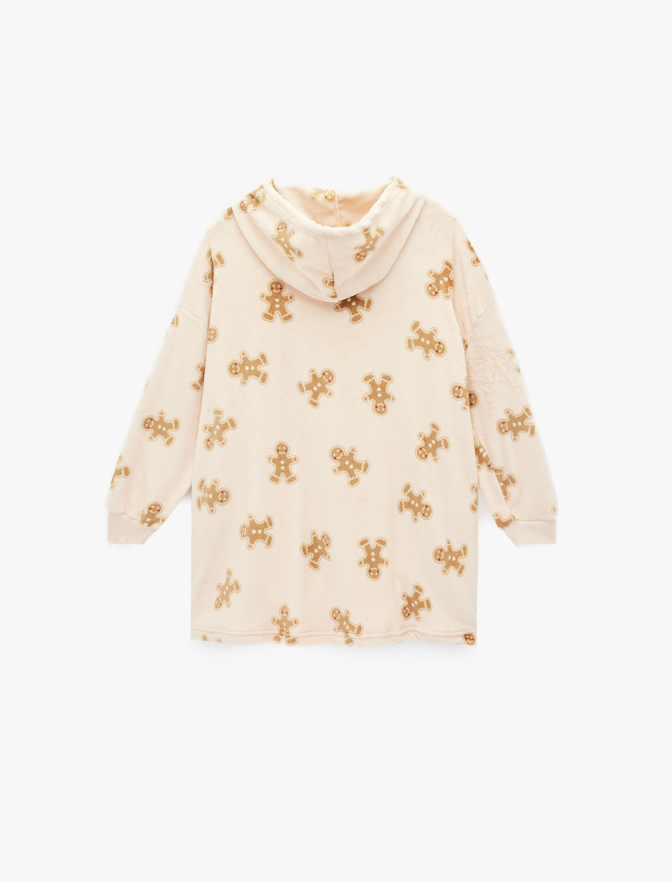   Kapüşonlu Uzun Kollu Kurabiye Adam Baskılı Oversize Sabahlık