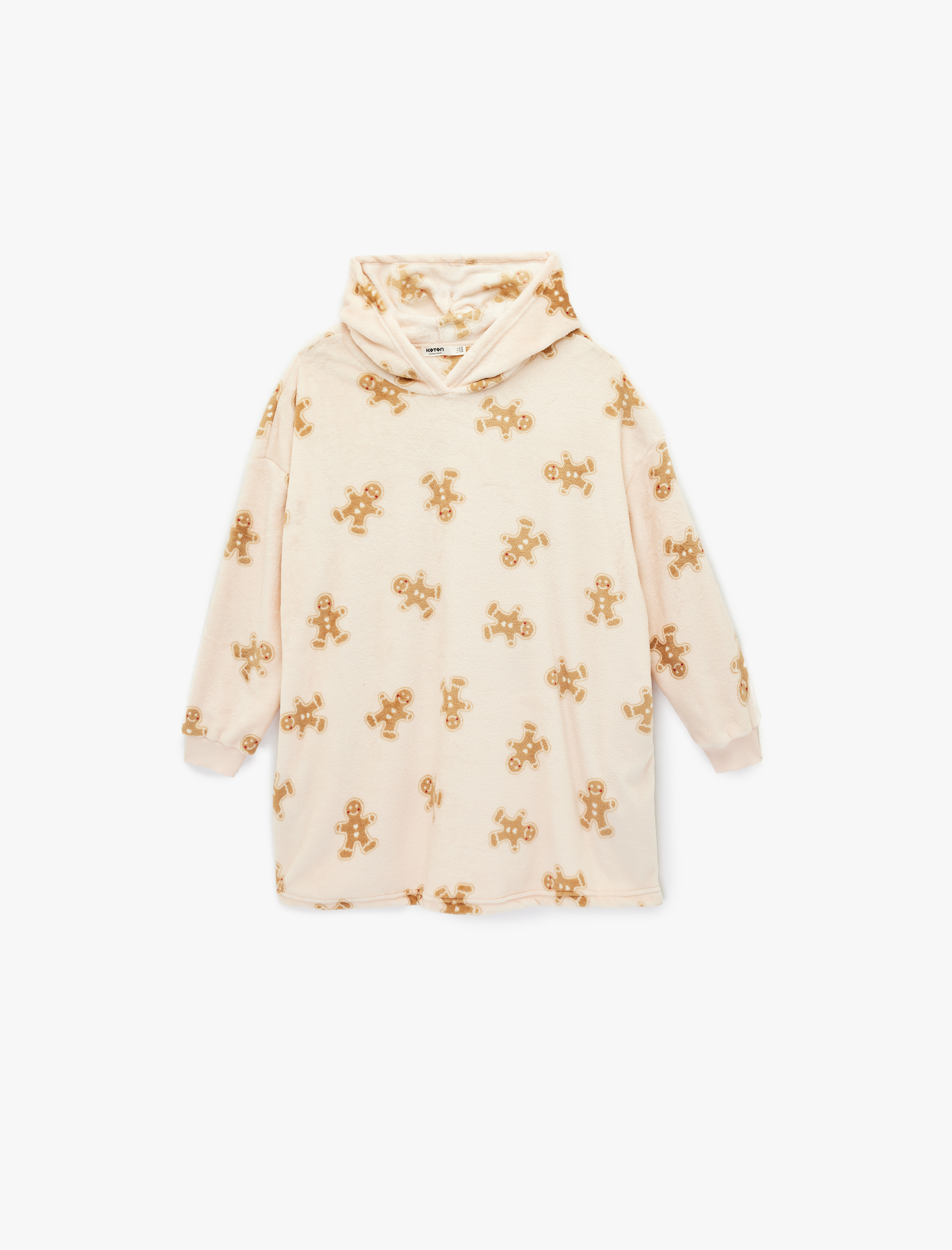   Kapüşonlu Uzun Kollu Kurabiye Adam Baskılı Oversize Sabahlık