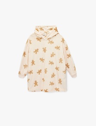 Kapüşonlu Uzun Kollu Kurabiye Adam Baskılı Oversize Sabahlık