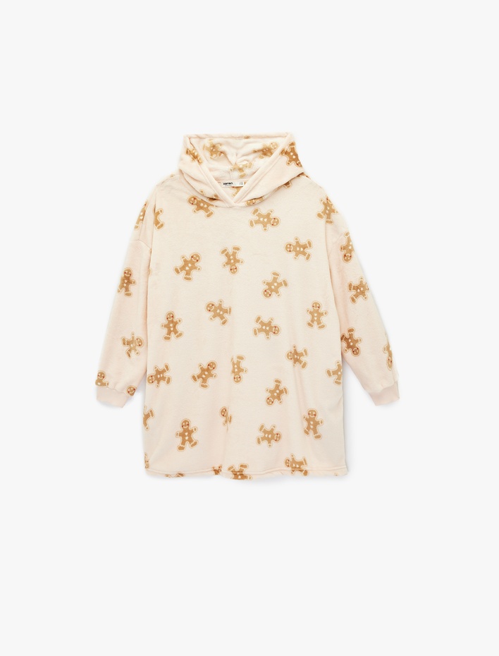  Kapüşonlu Uzun Kollu Kurabiye Adam Baskılı Oversize Sabahlık