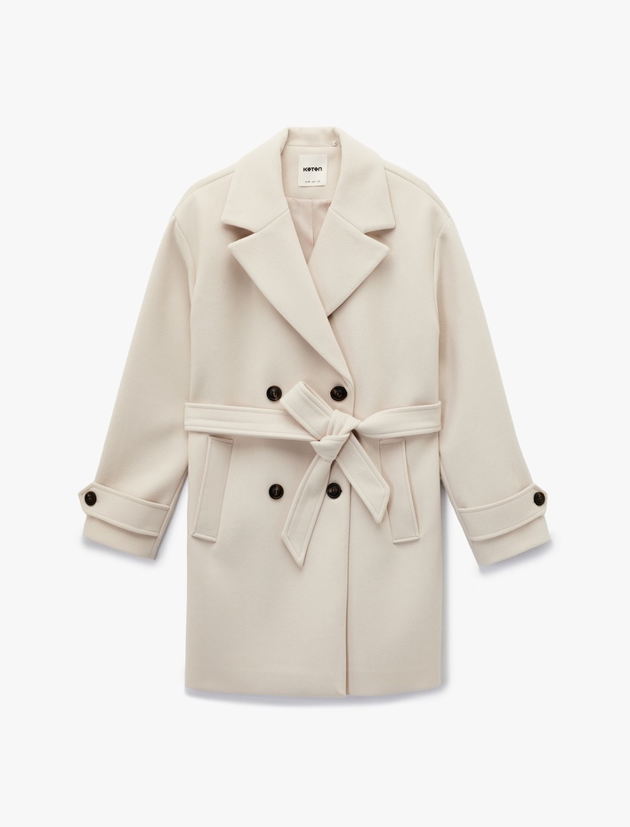  Uzun Kollu Cepli Düğmeli Kemerli Kruvaze Kaşe Kaban