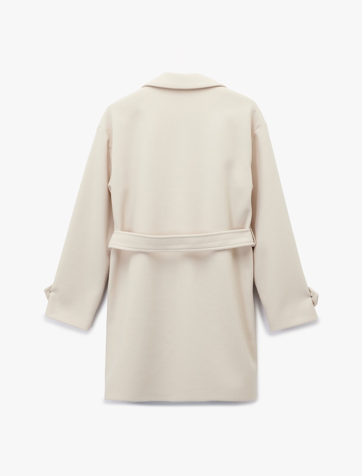  Uzun Kollu Cepli Düğmeli Kemerli Kruvaze Kaşe Kaban