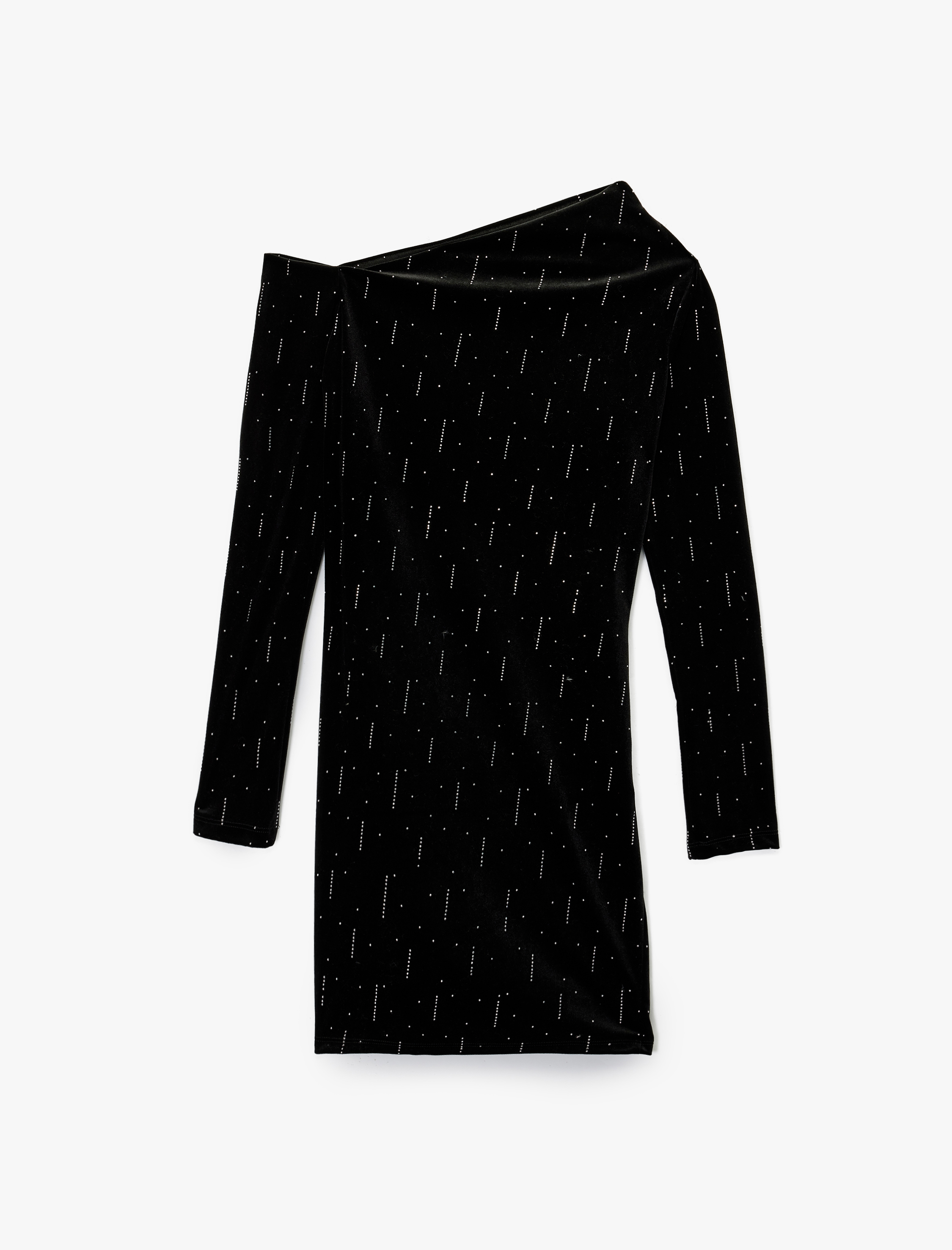   Slim Fit Uzun Kollu Taşlı Tek Omuz Mini Kadife Elbise
