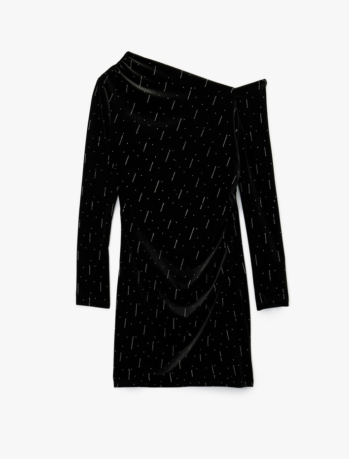  Slim Fit Uzun Kollu Taşlı Tek Omuz Mini Kadife Elbise