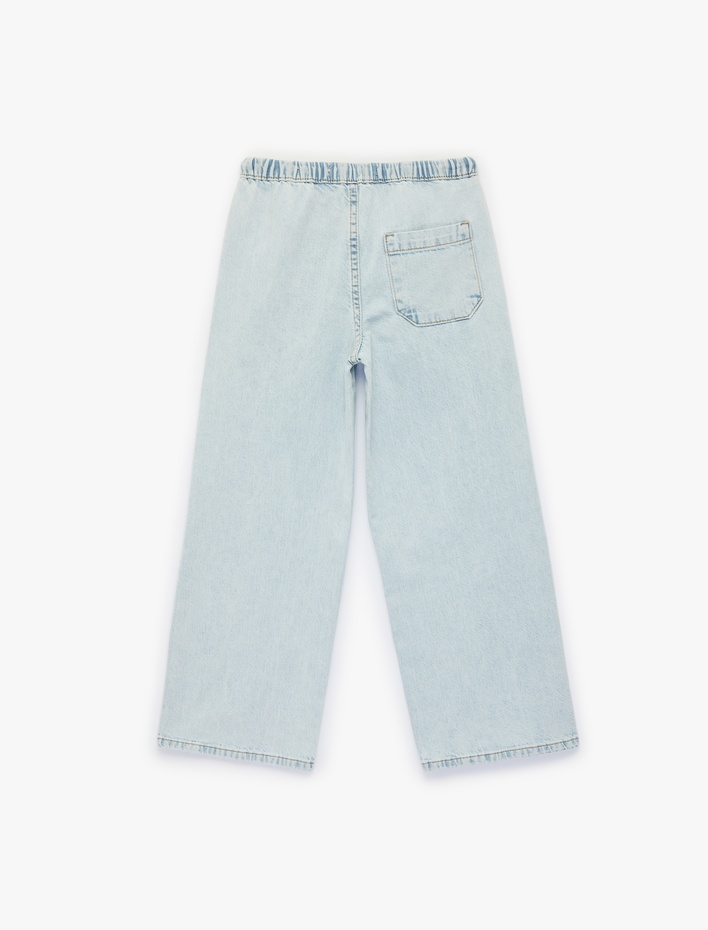 Kız Çocuk Pamuklu Beli Bağcıklı Geniş Paça Denim Pantolon