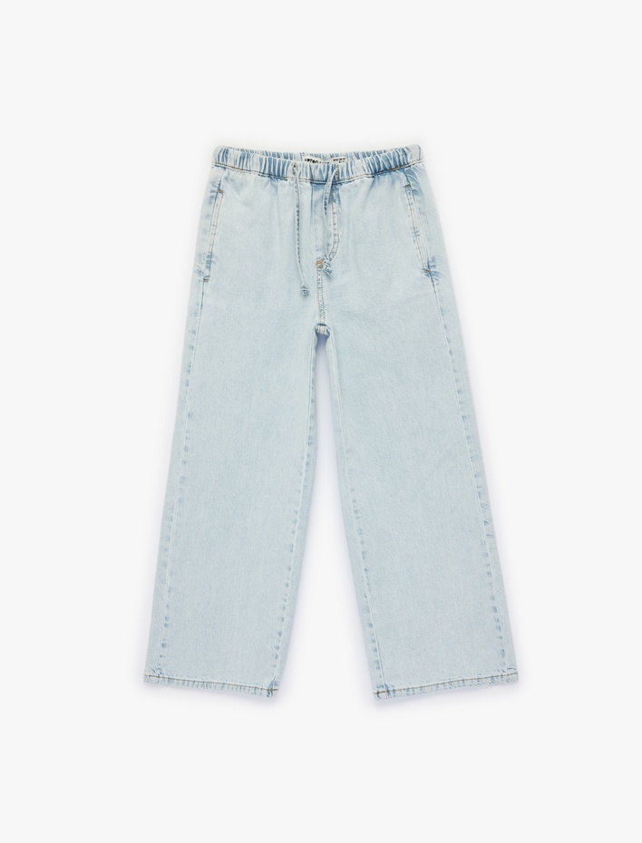 Kız Çocuk Pamuklu Beli Bağcıklı Geniş Paça Denim Pantolon