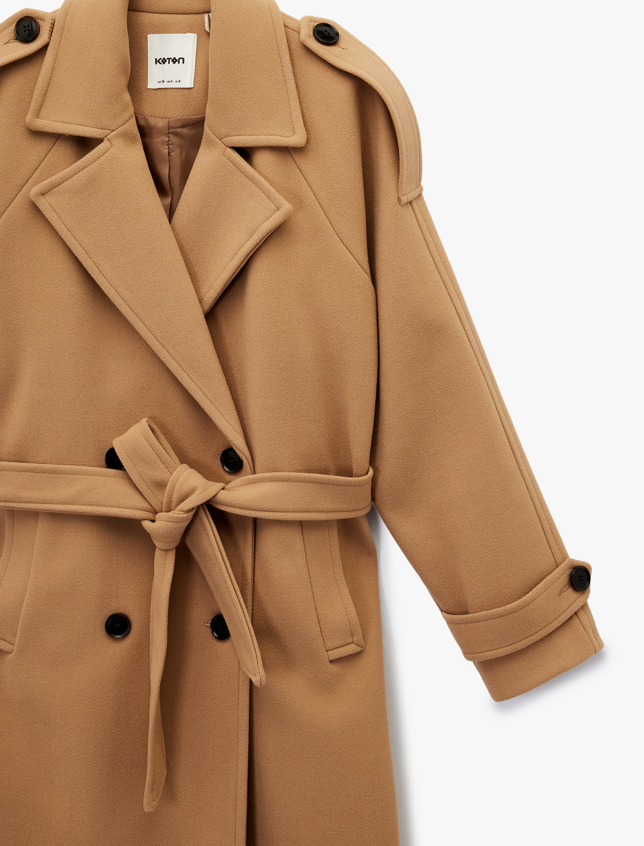   Trenç Kaban Kaşe Kruvaze Düğmeli Kemerli Cepli Uzun Kollu