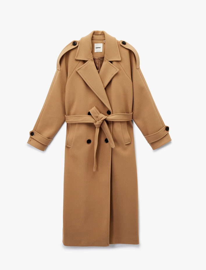  Trenç Kaban Kaşe Kruvaze Düğmeli Kemerli Cepli Uzun Kollu