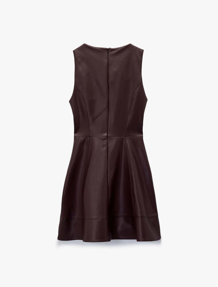  Kolsuz Bisiklet Yaka Volanlı Suni Deri Mini Elbise