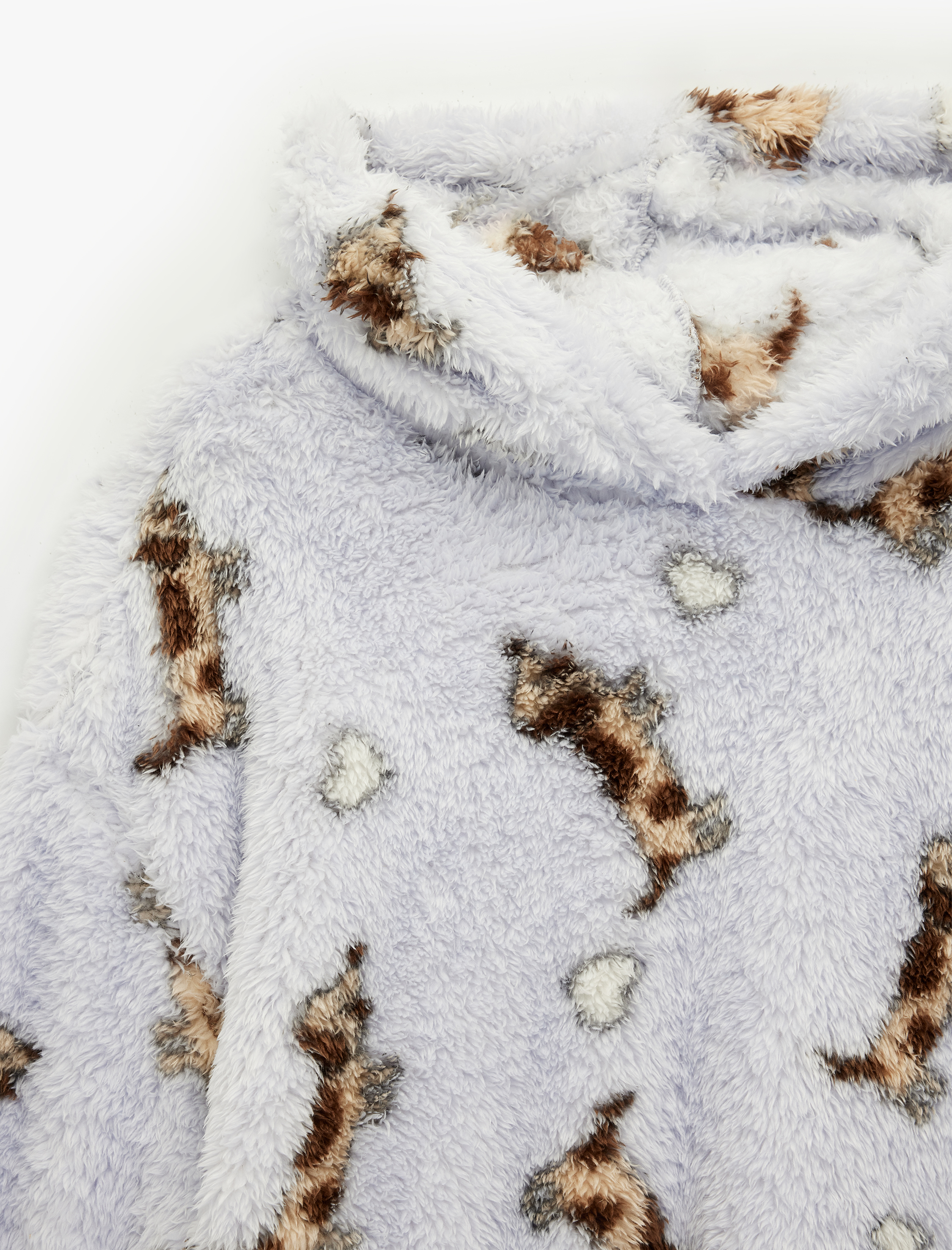   Köpek Baskılı Uzun Kollu Kapüşonlu Oversize Peluş Sabahlık