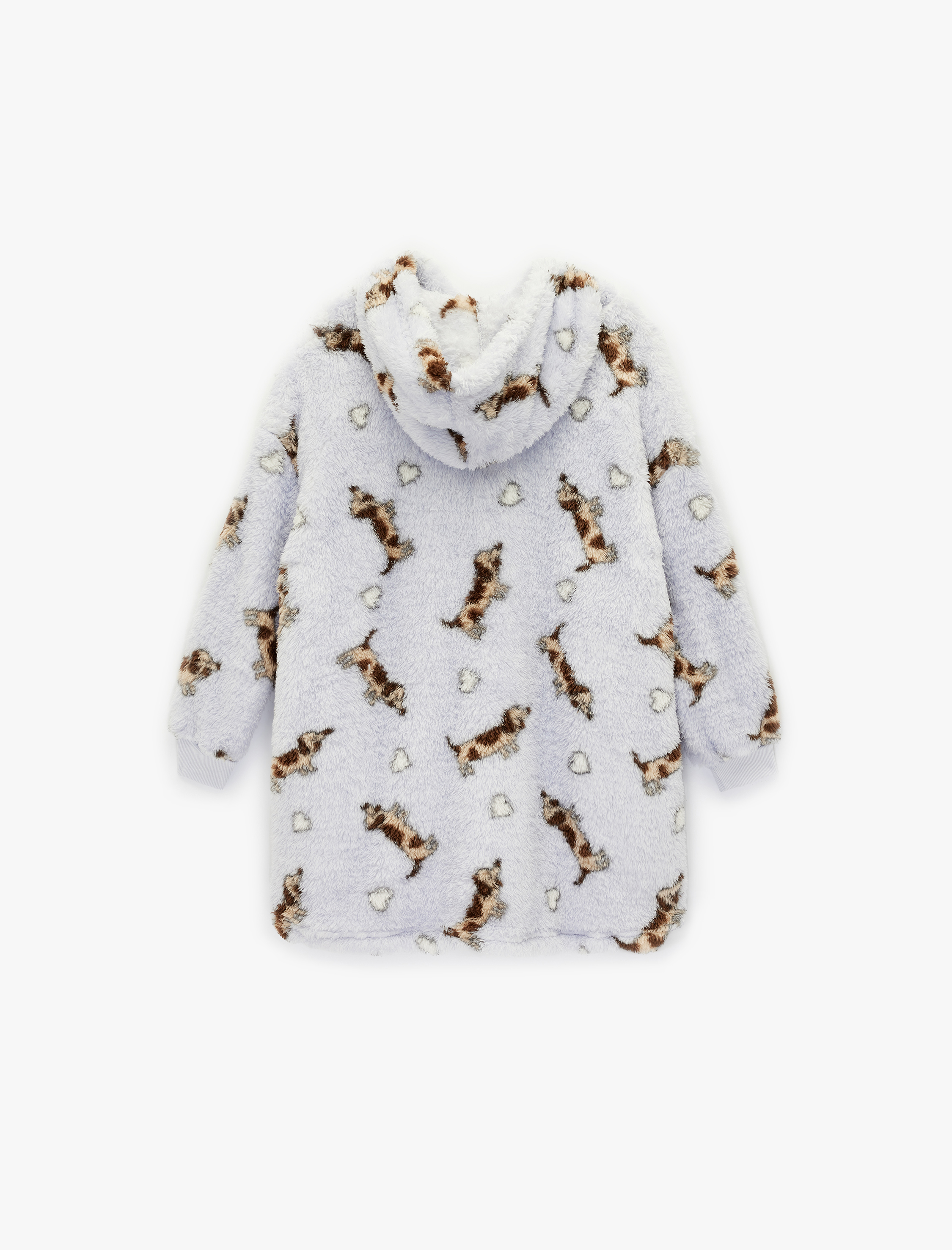   Köpek Baskılı Uzun Kollu Kapüşonlu Oversize Peluş Sabahlık