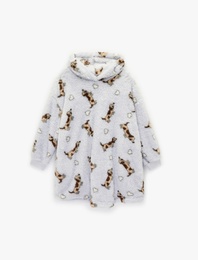 Köpek Baskılı Uzun Kollu Kapüşonlu Oversize Peluş Sabahlık