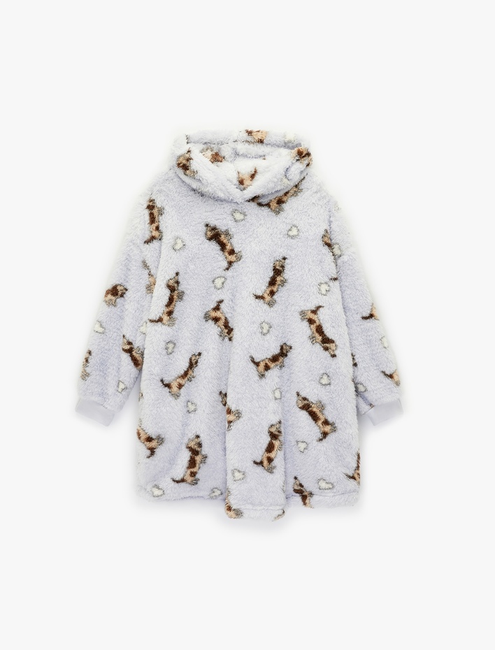  Köpek Baskılı Uzun Kollu Kapüşonlu Oversize Peluş Sabahlık