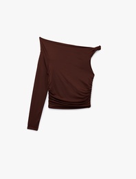 Uzun Kollu Slim Fit Tek Omuz Drapeli Asimetrik Yaka Tişört