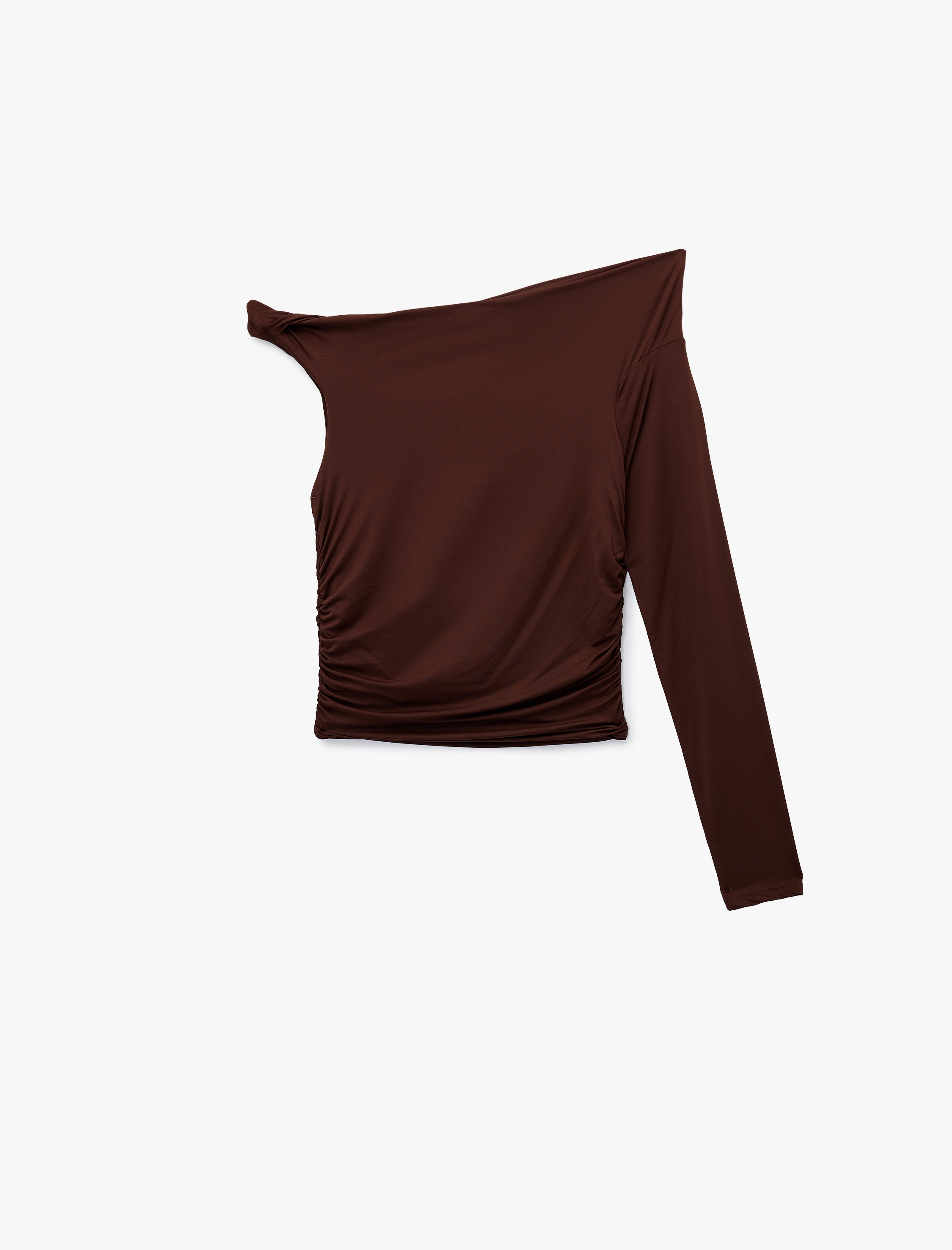   Uzun Kollu Slim Fit Tek Omuz Drapeli Asimetrik Yaka Tişört