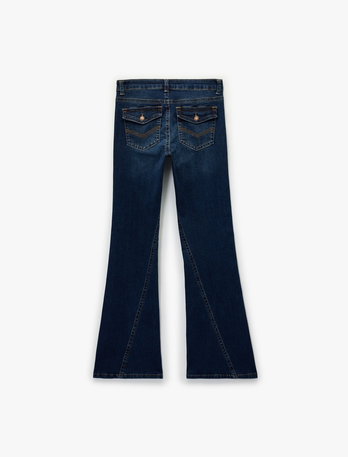  Düğmeli Cepli Slim Fit Düşük Bel İspanyol Paça Jean Pantolon - Flare Jeans