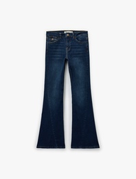 Düğmeli Cepli Slim Fit Düşük Bel İspanyol Paça Jean Pantolon - Flare Jeans