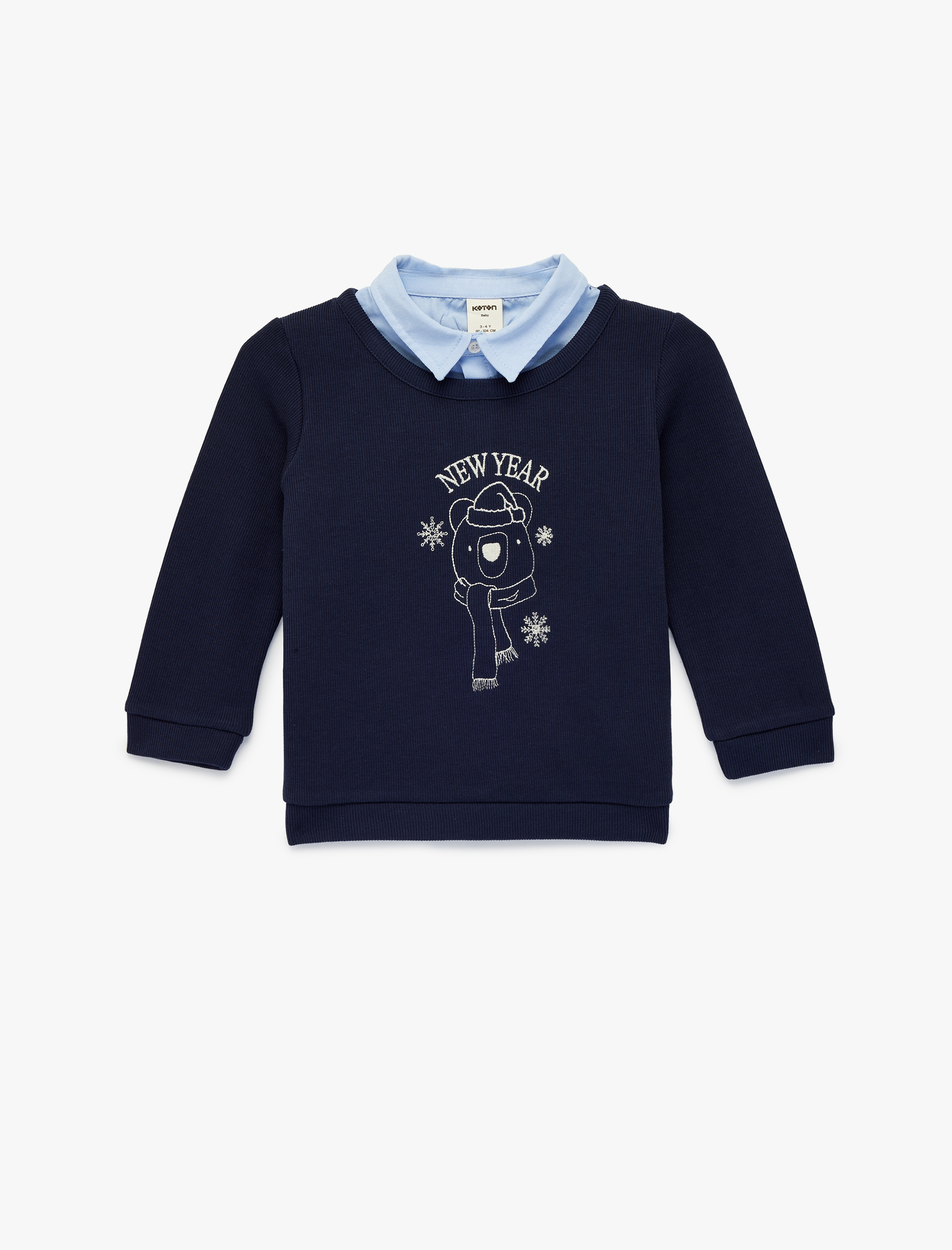  Erkek Bebek Pamuklu Nakışlı Uzun Kollu Gömlek Yaka Detaylı Yılbaşı Temalı Sweatshirt