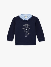 Pamuklu Nakışlı Uzun Kollu Gömlek Yaka Detaylı Yılbaşı Temalı Sweatshirt