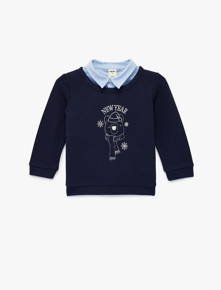 Erkek Bebek Pamuklu Nakışlı Uzun Kollu Gömlek Yaka Detaylı Yılbaşı Temalı Sweatshirt