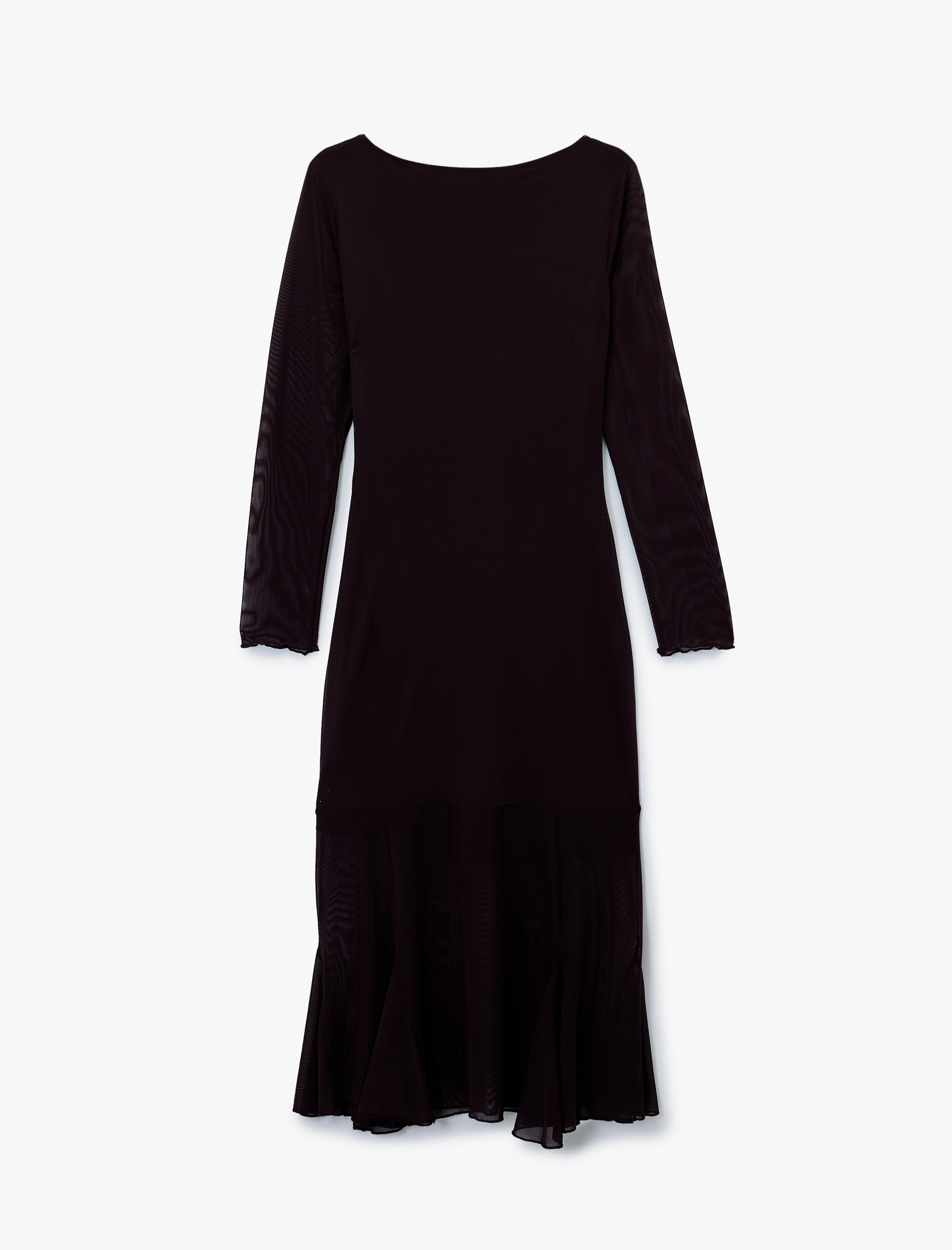   Uzun Kollu Bisiklet Yaka Volanlı Midi Elbise