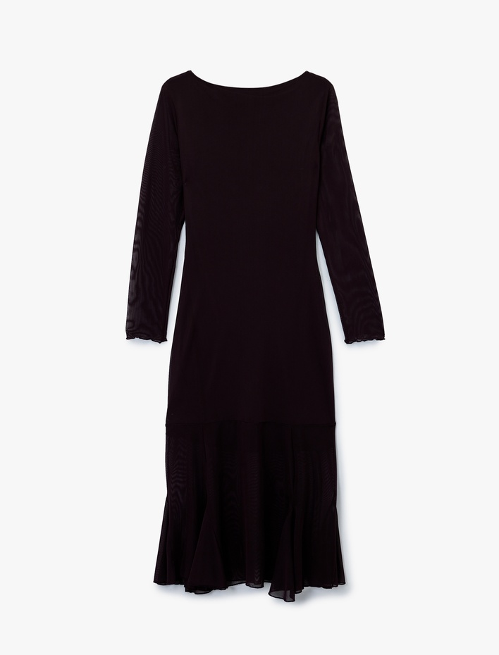  Uzun Kollu Bisiklet Yaka Volanlı Midi Elbise