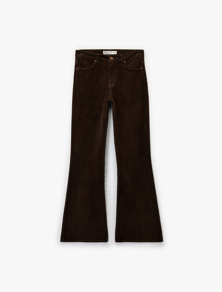  Dar Kesim Düğmeli Cepli İspanyol Paça Kadife Pantolon - Flare Jeans