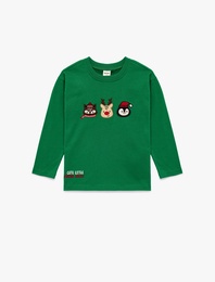 Pamuklu Uzun Kollu Bisiklet Yaka Yılbaşı Baskılı Tişört