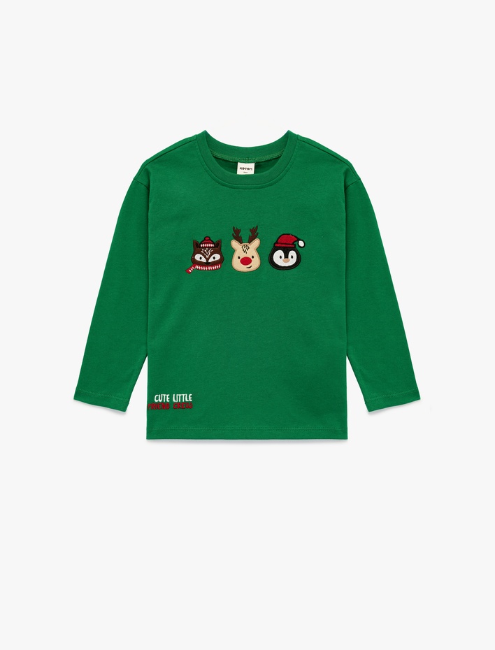 Erkek Bebek Pamuklu Uzun Kollu Bisiklet Yaka Yılbaşı Baskılı Tişört