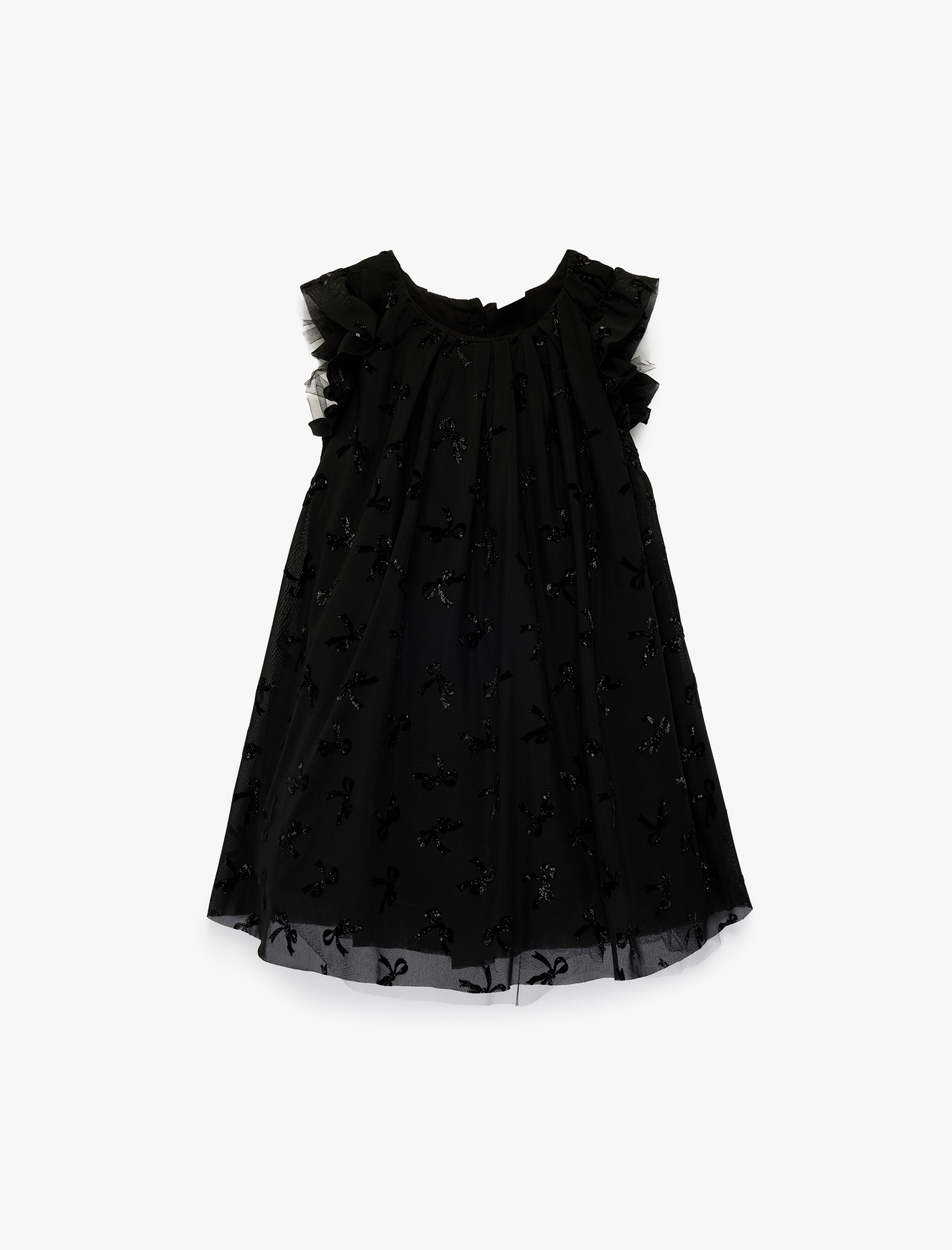  Kız Bebek Fırfırlı Fiyonk Detaylı Bisiklet Yaka Tüllü Elbise