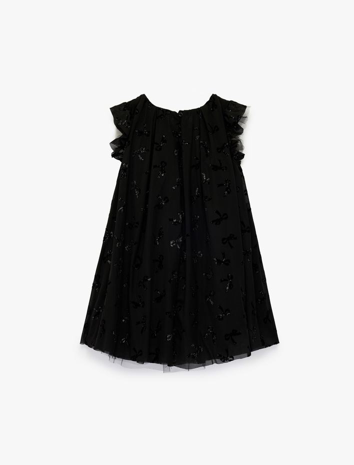 Kız Bebek Fırfırlı Fiyonk Detaylı Bisiklet Yaka Tüllü Elbise