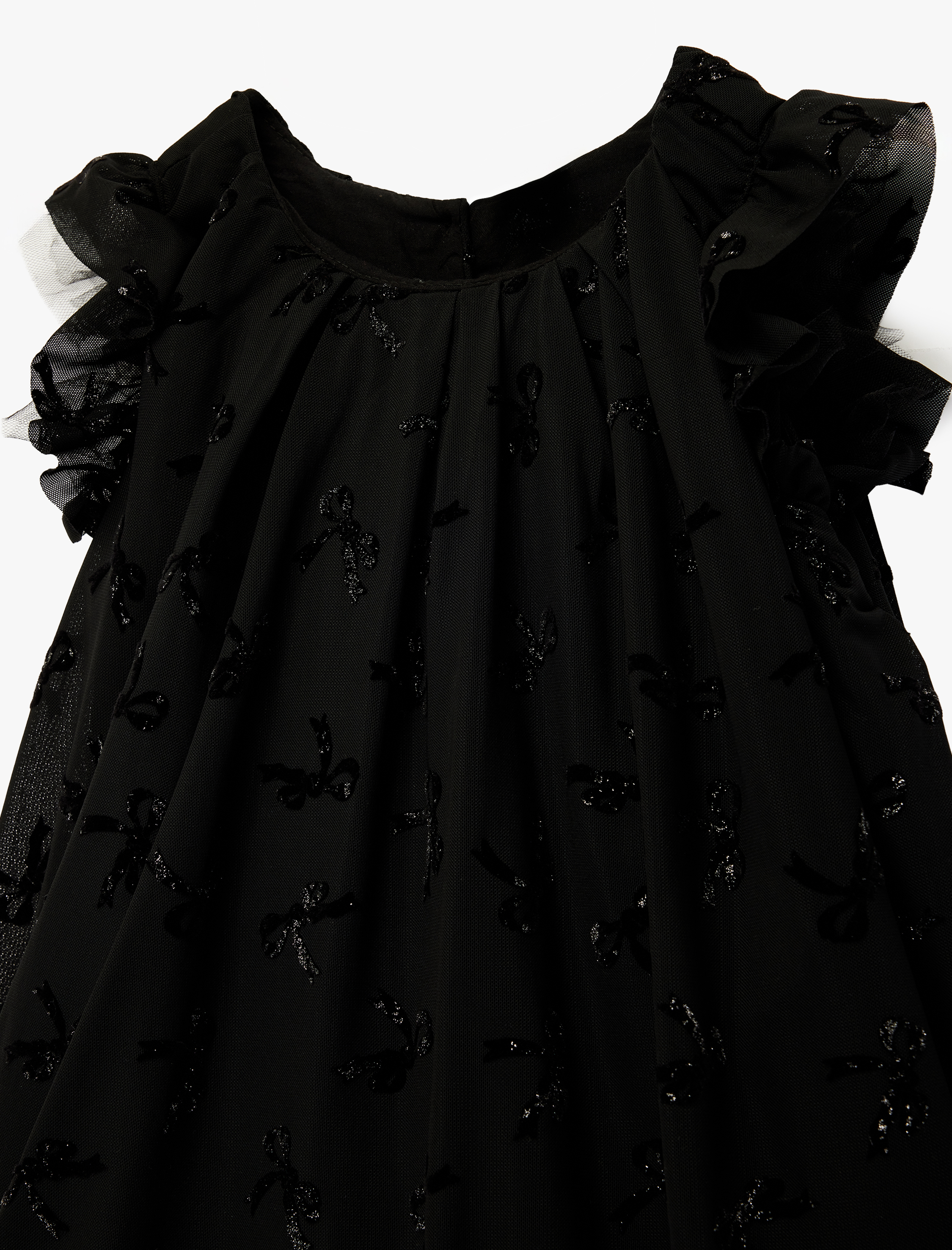  Kız Bebek Fırfırlı Fiyonk Detaylı Bisiklet Yaka Tüllü Elbise